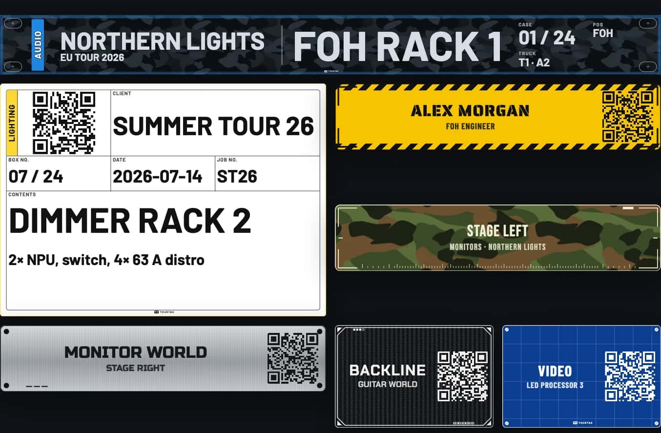 Seven sample plates from TourTag: a 1U rack strip, a tour label, three Peli name plates and two card holder plates