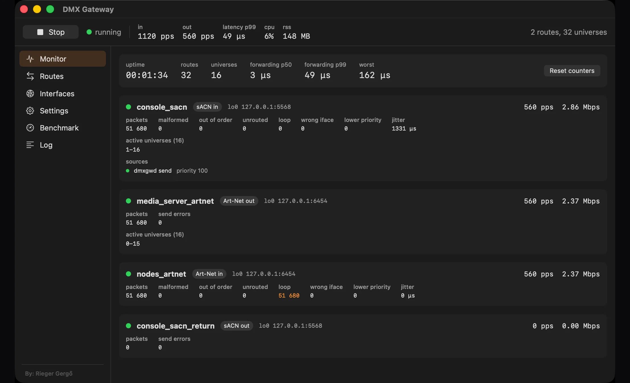 DMX Gateway Monitor: Per-endpoint counters while forwarding: packets, malformed, out of order, loops, the active universes and the sources seen, with p50 and p99 forwarding latency at the top.