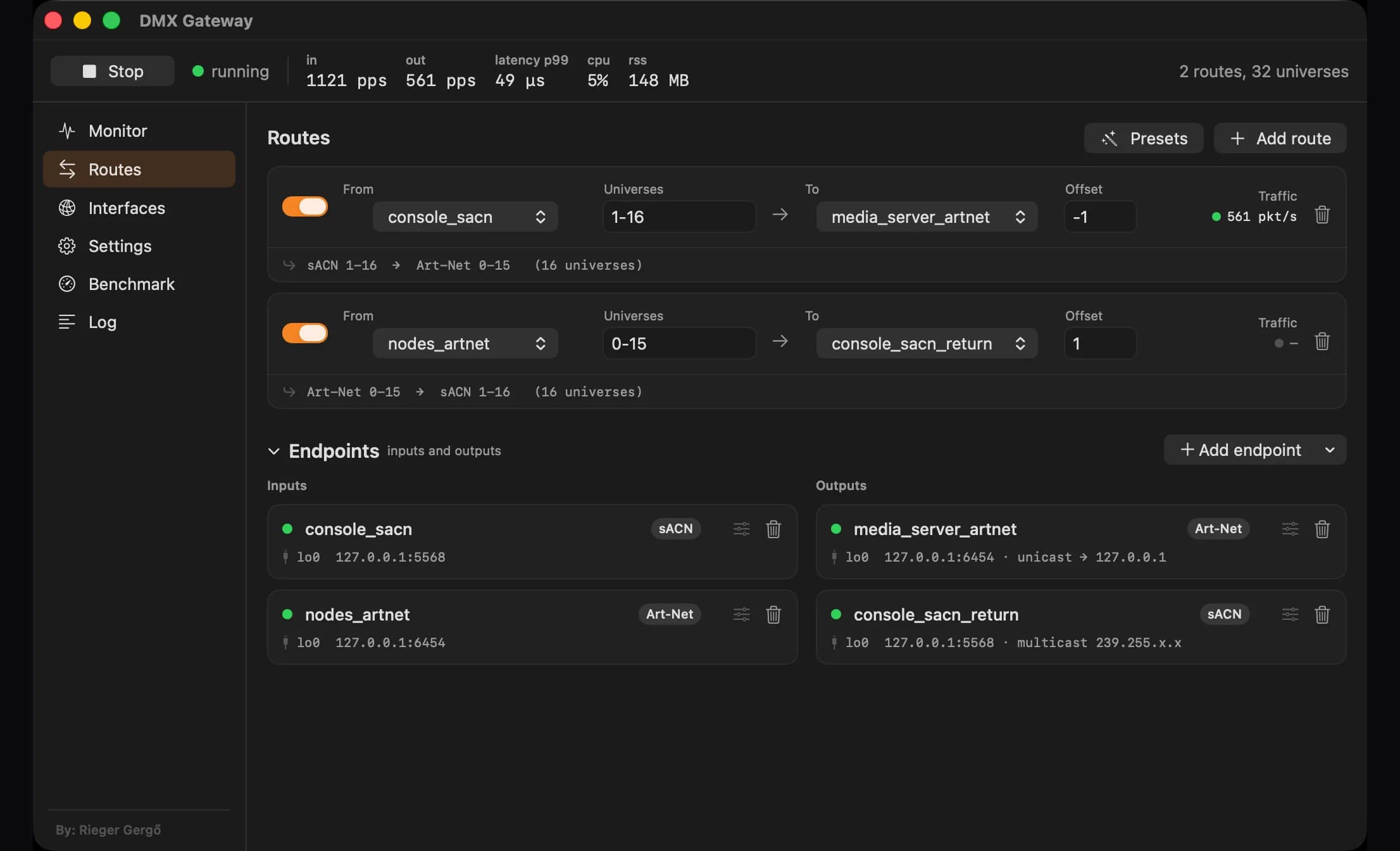 DMX Gateway Routes: Routes read as sentences with the resolved mapping spelled out underneath, each with its own live packet rate; the endpoints below say where packets actually land.