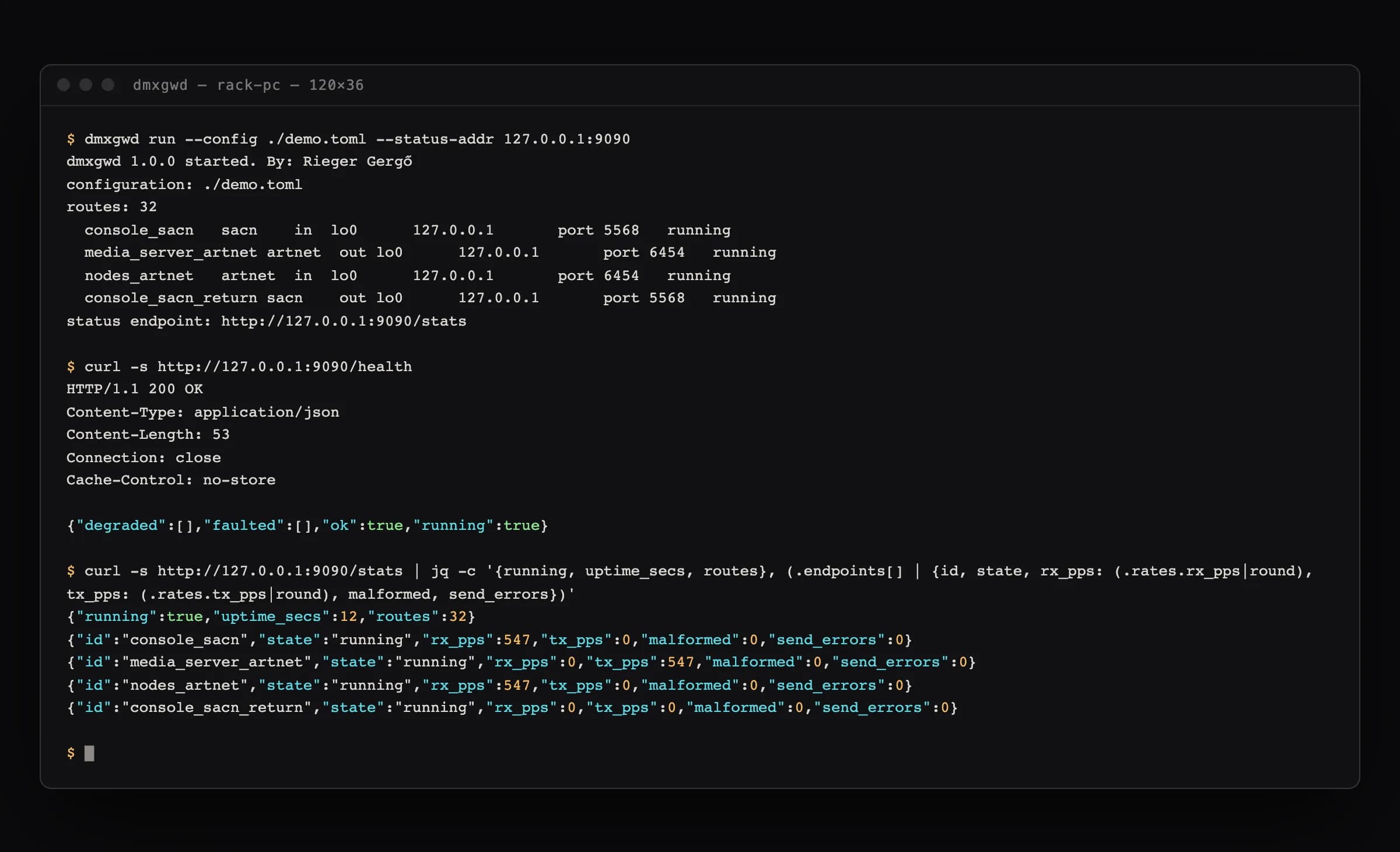 DMX Gateway Server status endpoint: The headless daemon with --status-addr: /health for a container probe and /stats with the same figures the Mac app shows, as JSON.