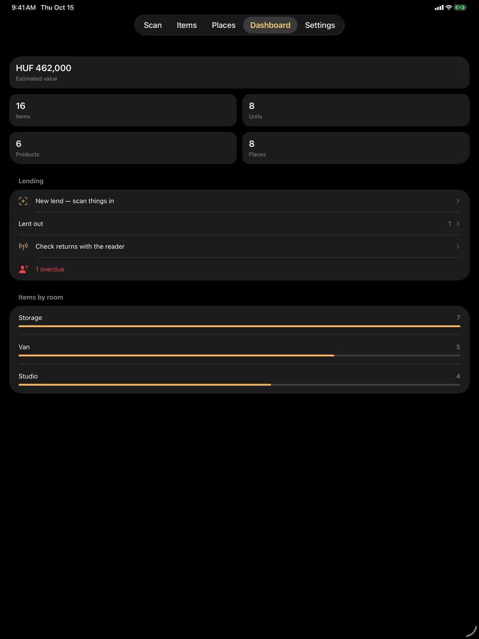 HomeVault on the iPad: Dashboard