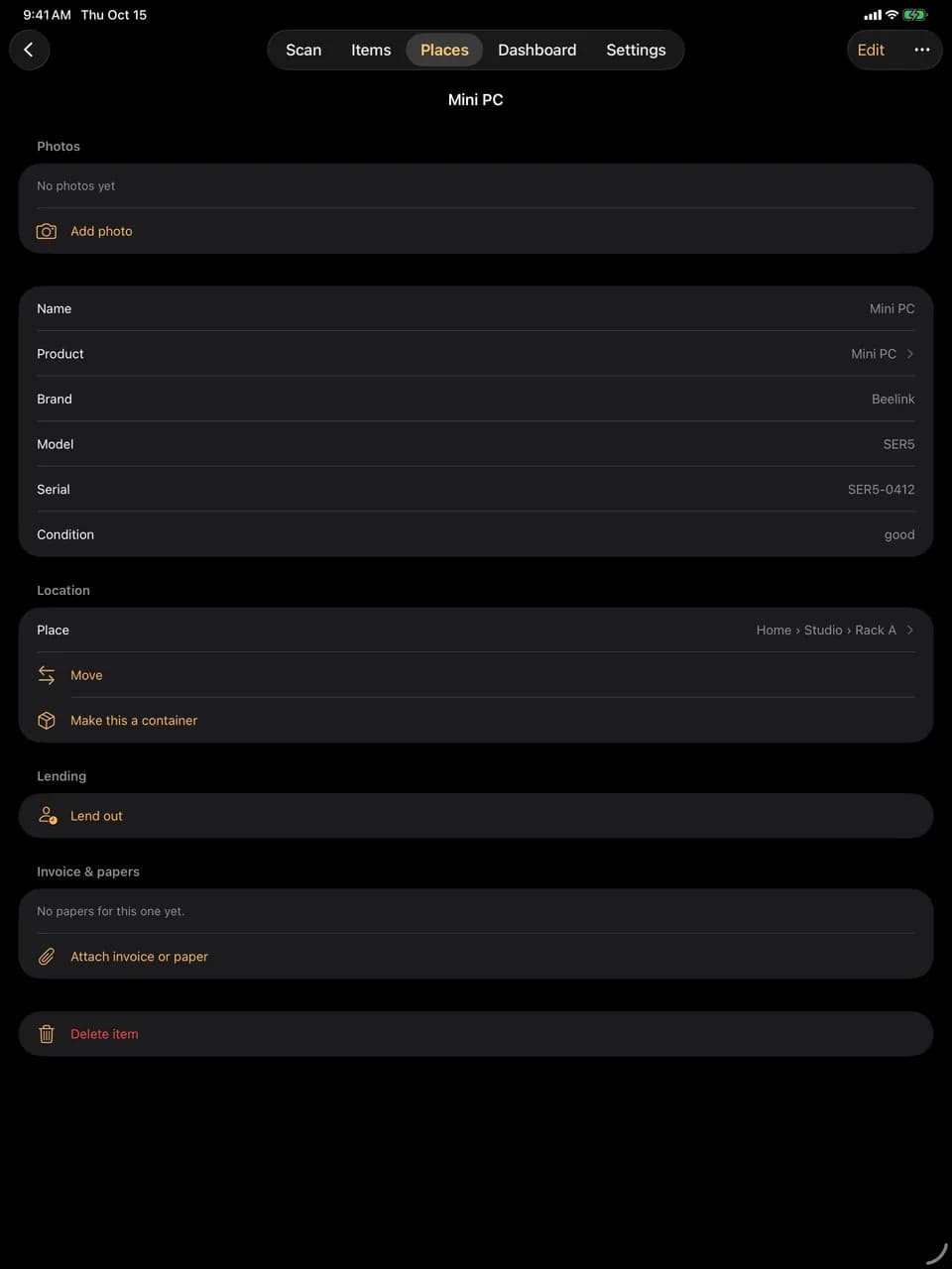 HomeVault on the iPad: Item