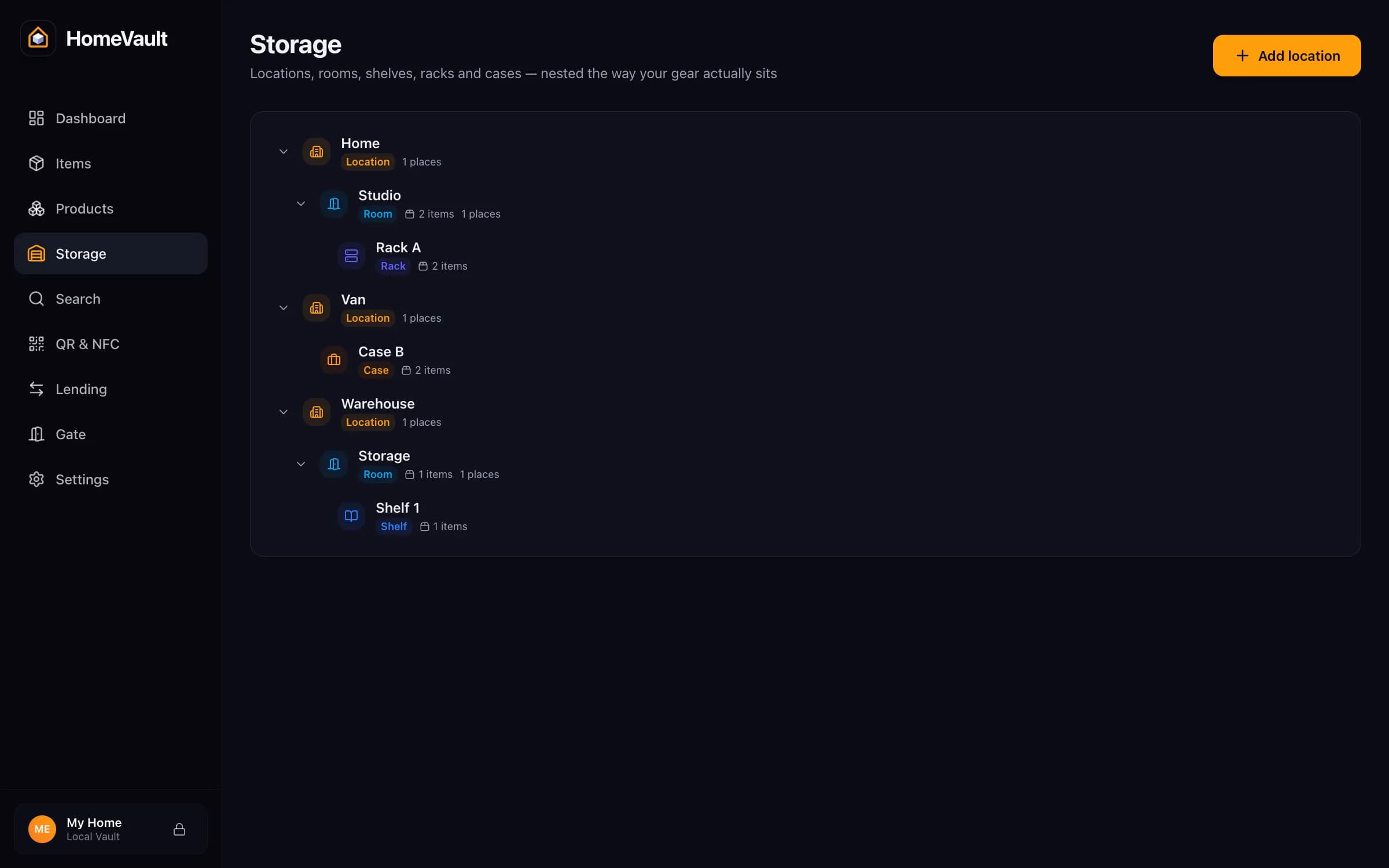 HomeVault's web app in the browser: Places that nest