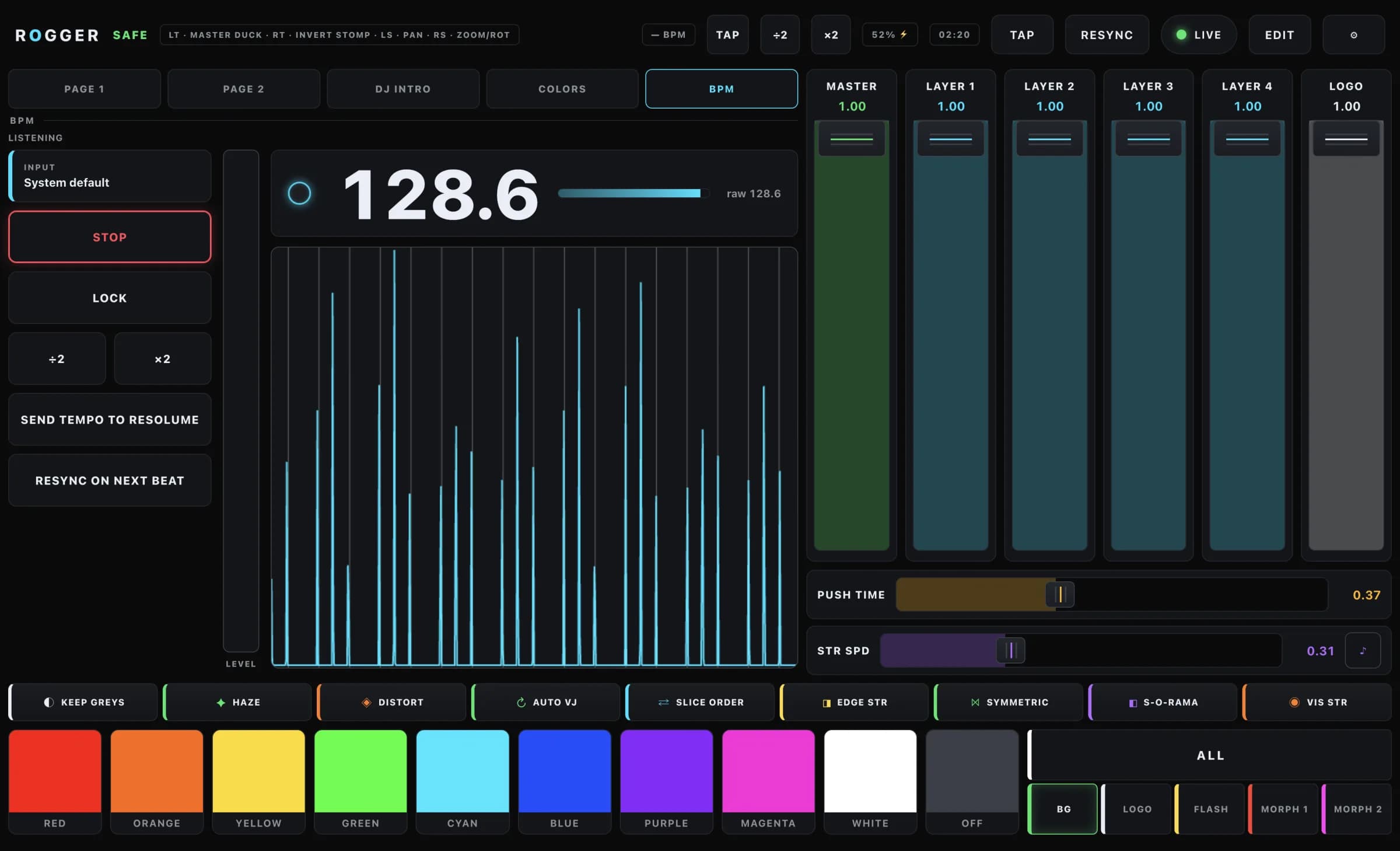 ROGGER BPM: Mic or line-in tempo analyser with lock, ÷2 / ×2 and resync on the next beat.