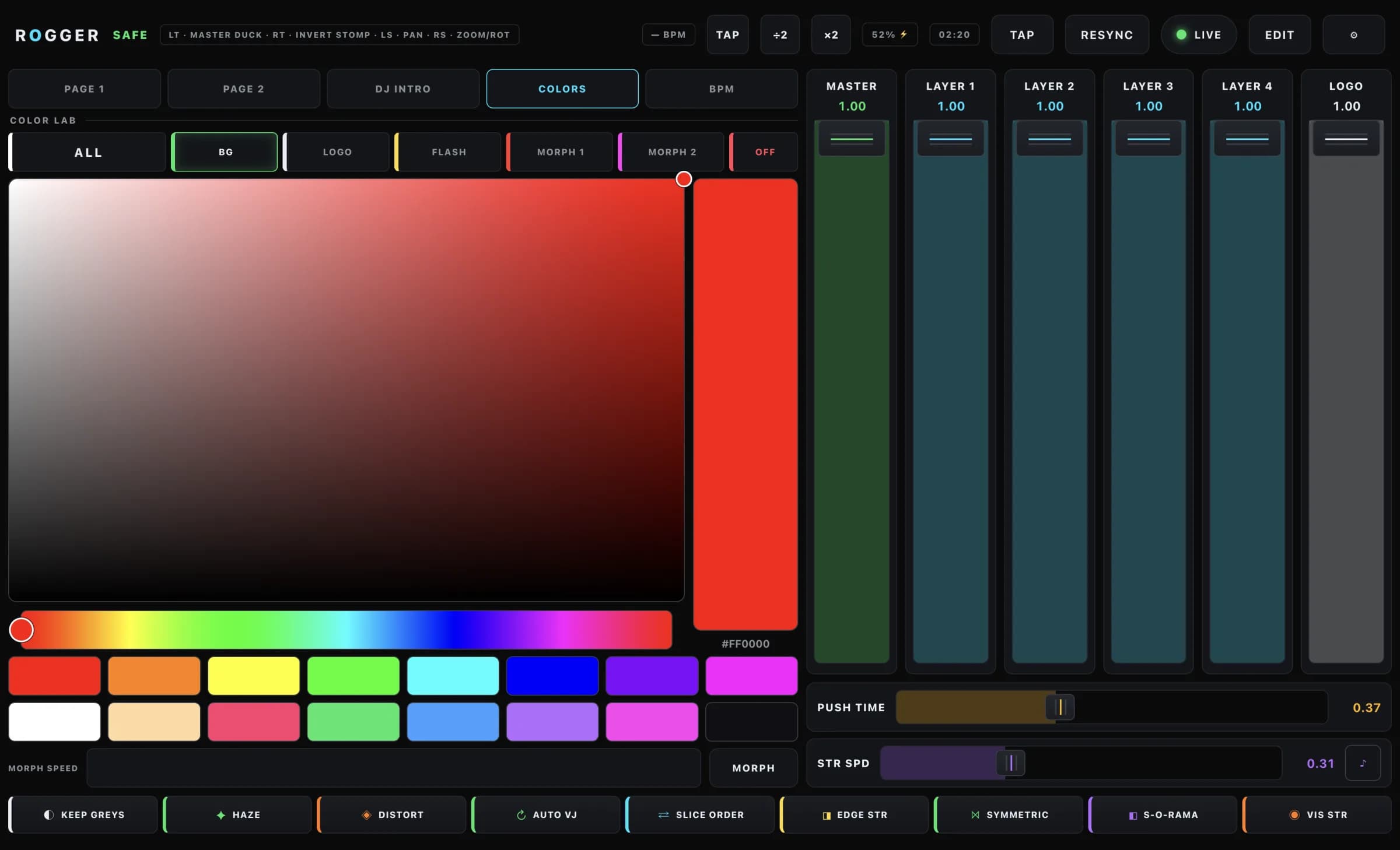 ROGGER Colors: Picker, 16 swatches and ColorMorph, aimed at BG, LOGO, FLASH, MORPH or ALL.