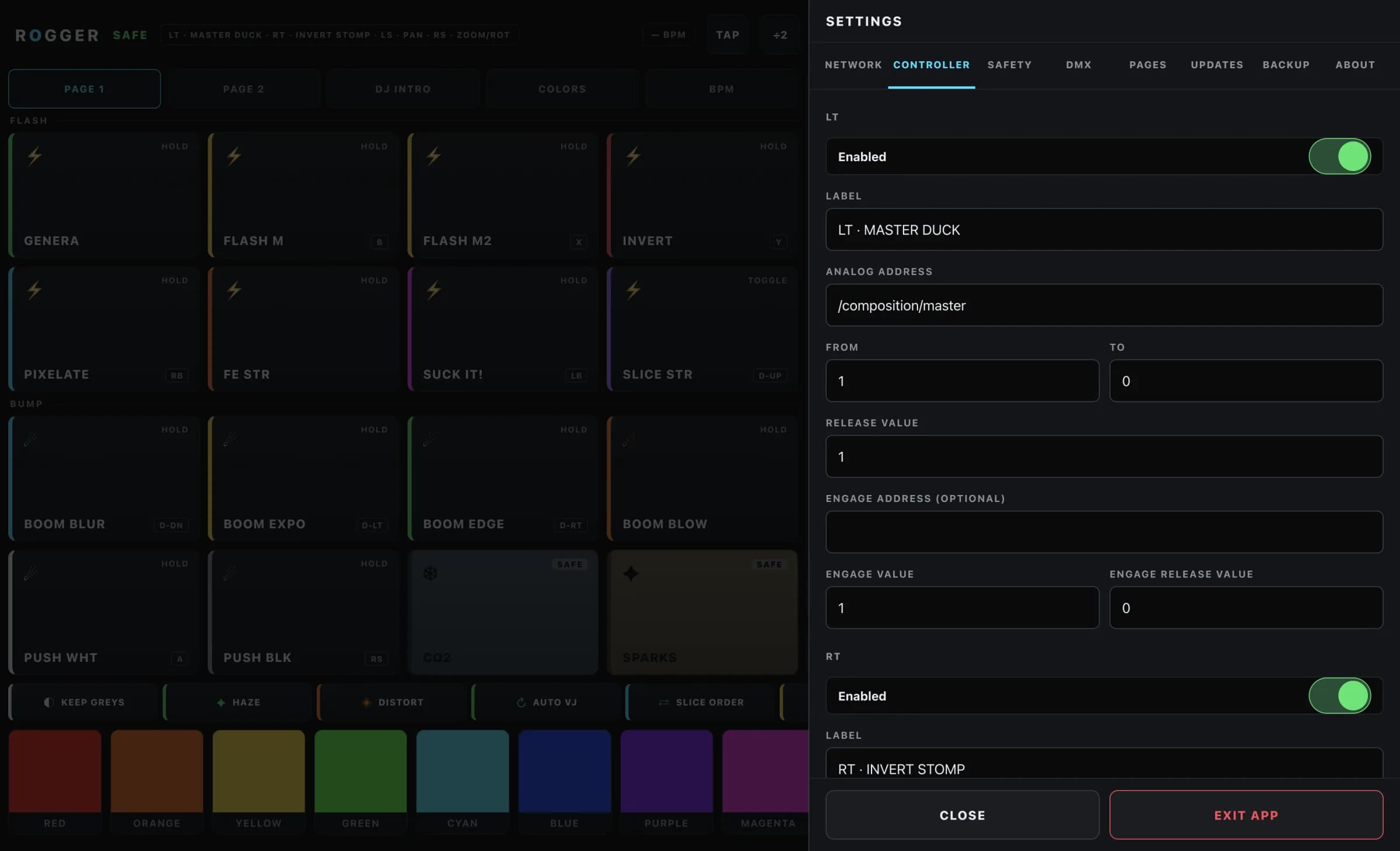 ROGGER Controller: LT / RT analog mapping, stick axes and haptics for the built-in gamepad.