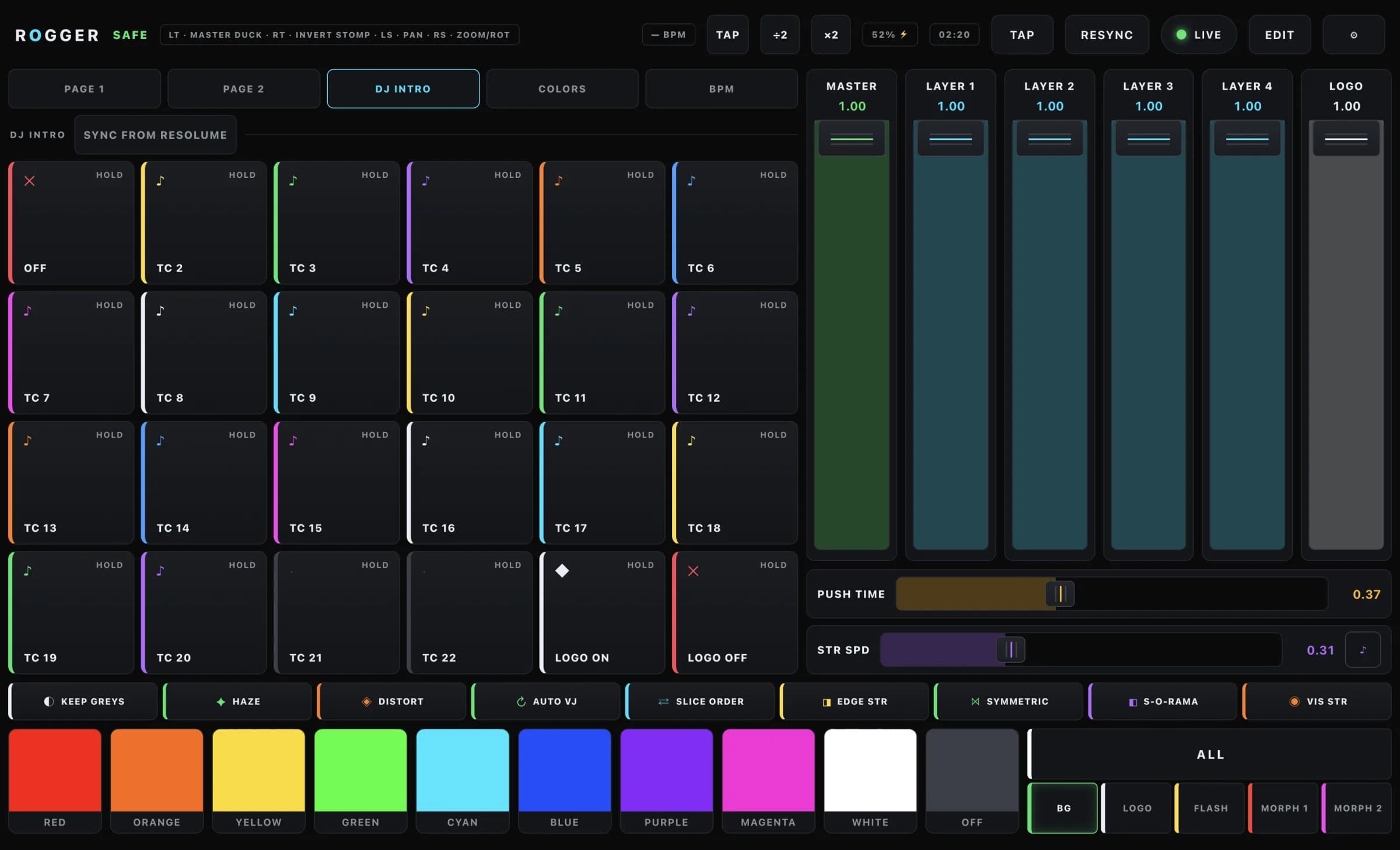 ROGGER DJ Intro: 24 clip slots built from the live composition with Sync from Resolume.