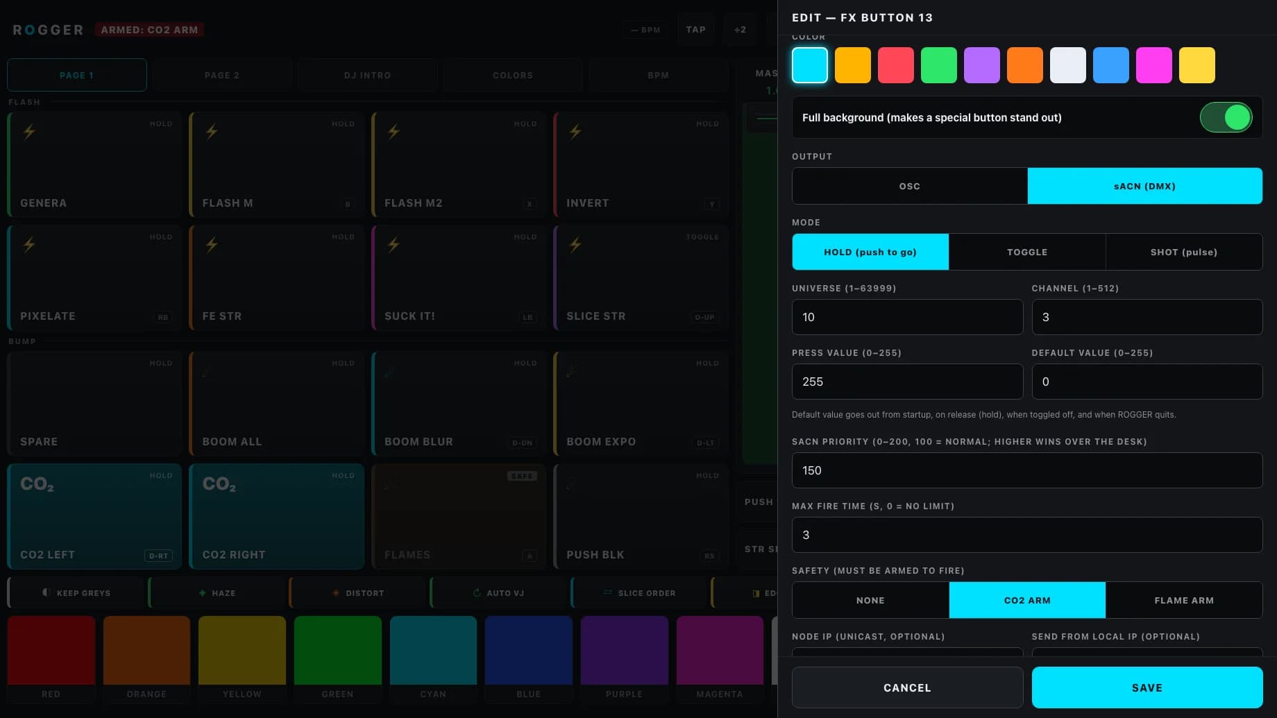ROGGER DMX button editor: sACN universe and channel, hold, toggle or shot, press and default values.