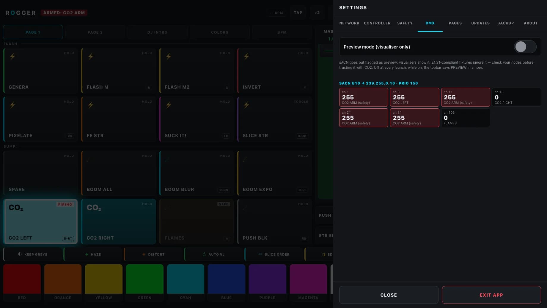 ROGGER DMX monitor: Every channel ROGGER drives, live, with the button or safety behind it.