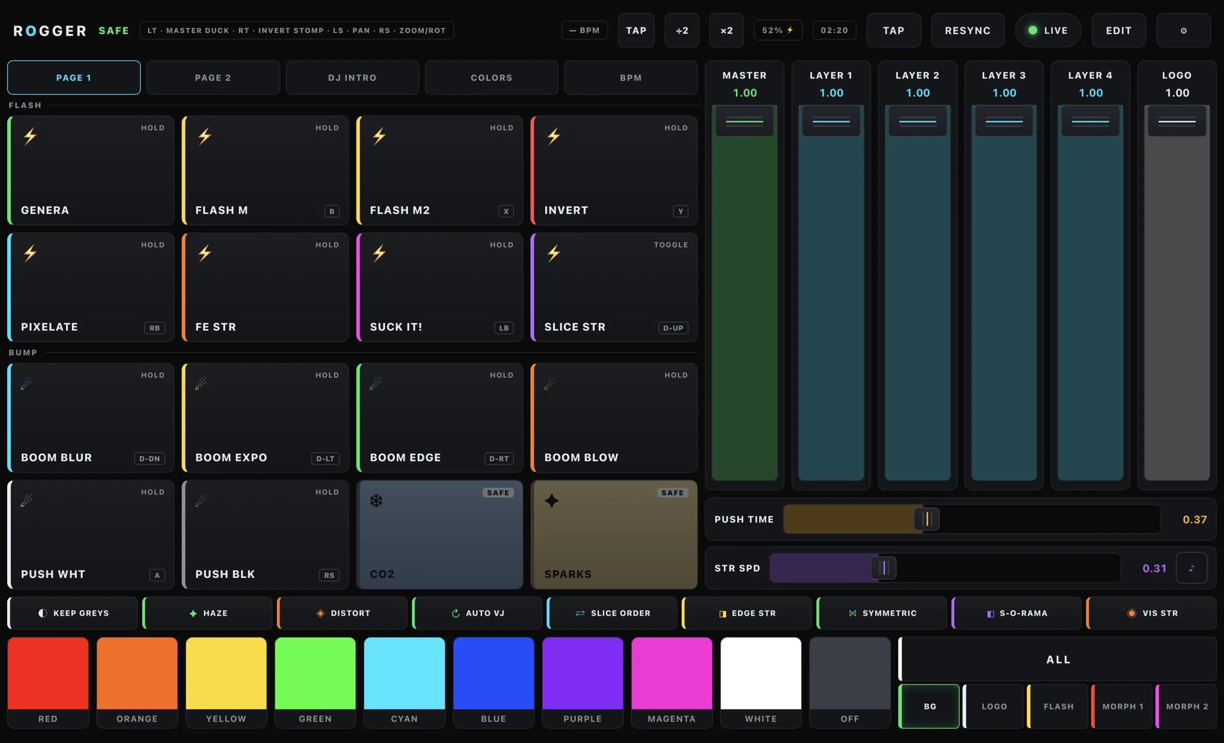 ROGGER Page 1: Flash and bump banks, faders, utility toggles, colour presets and the target switch.