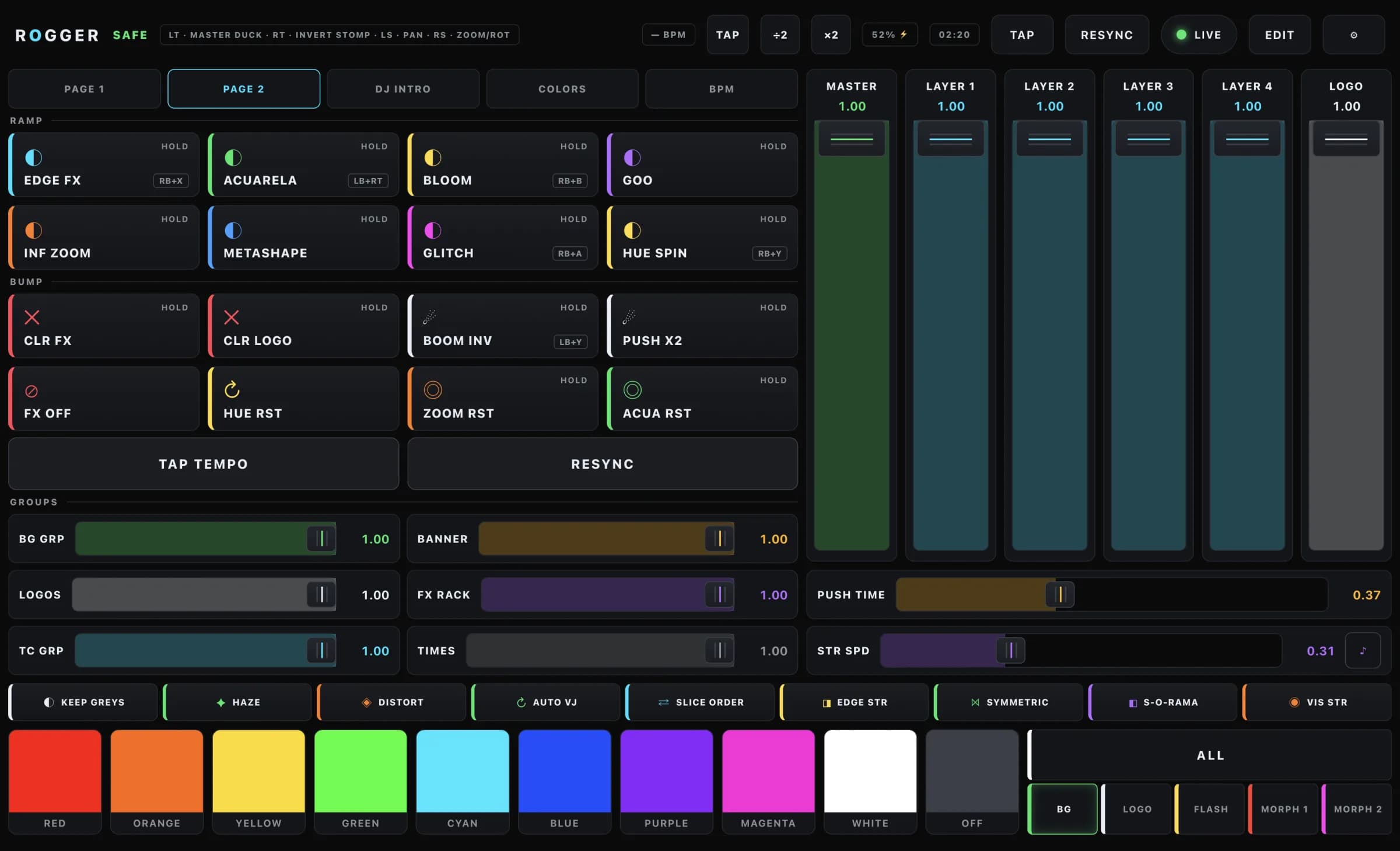 ROGGER Page 2: Ramp buttons, combo badges, big Tap Tempo and Resync, six group faders.