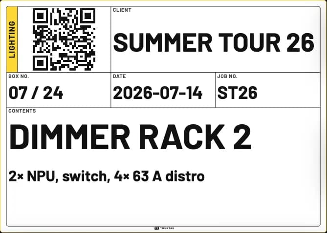 TourTag Tour label: The ruled form of a self-adhesive tour label: client, box number, date, job number, contents. Printed empty, the lines are there for a marker.