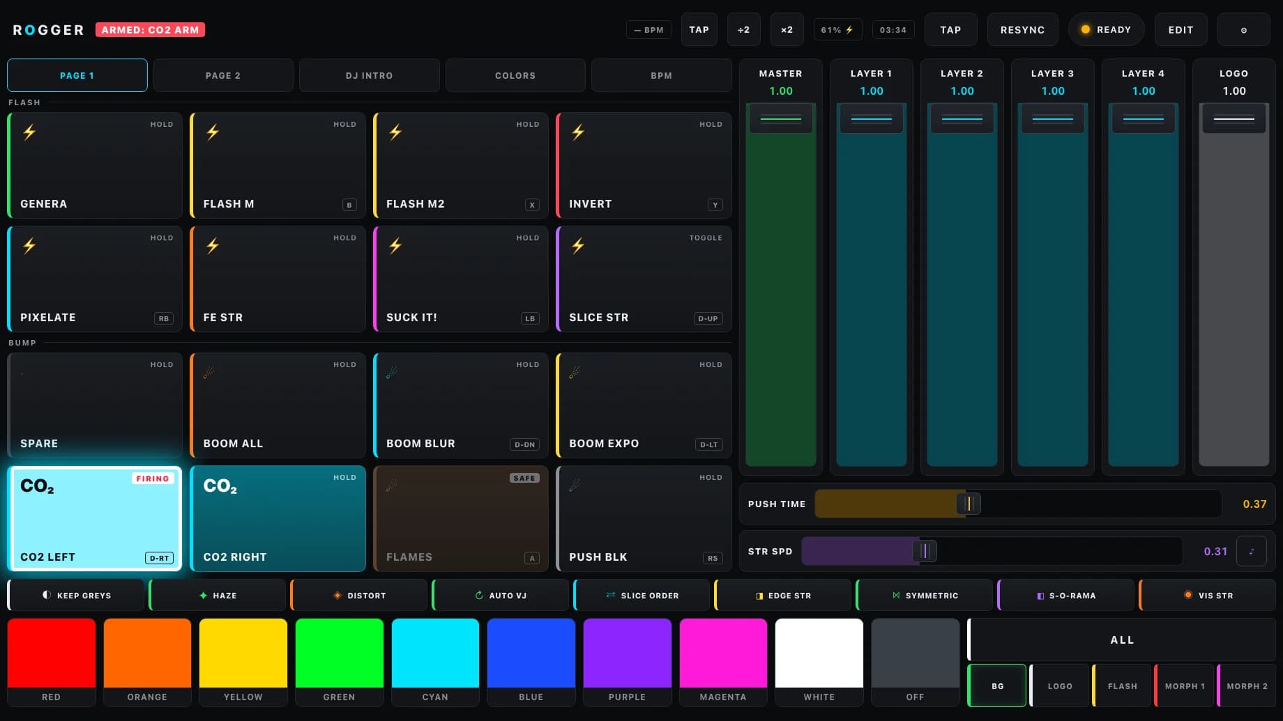 ROGGER surface: FX grid, faders, colour row and a CO₂ button firing